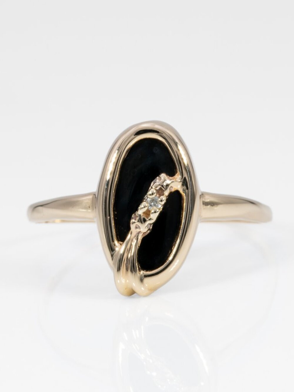 Black Onyx Estate Ring with Earth-Mined Diamond Accent in Solid 10K Gold, Oval